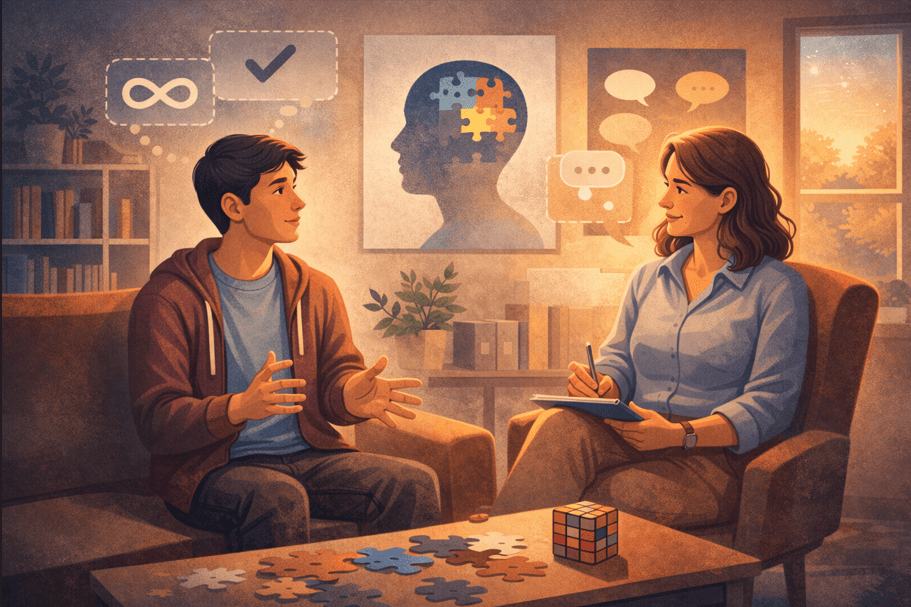 adulto autista na sala de consultorio com psicologa